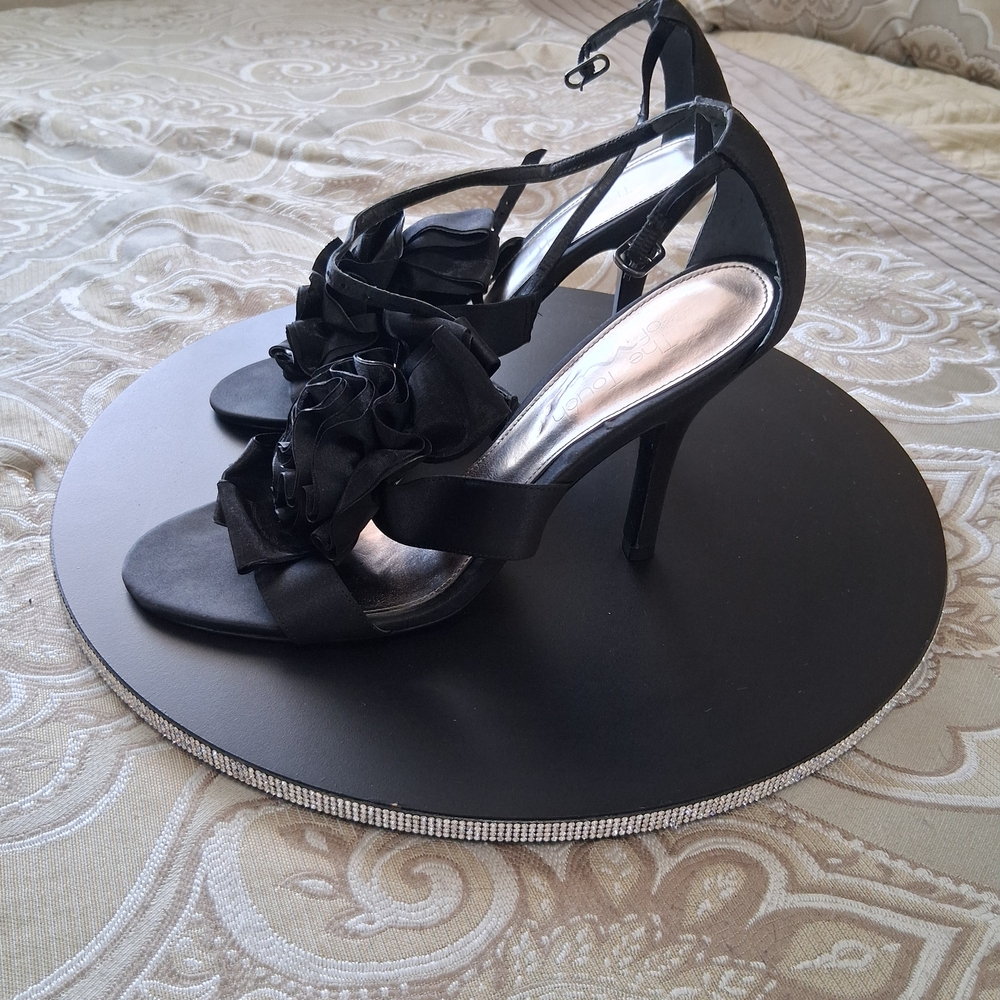 Black Floral Ruffle Stiletto Heels with Ankle Strap